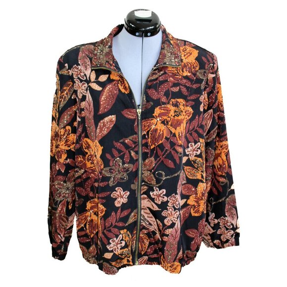 Vintage BLAIR Women's Medium Brown Bomber Jacket Floral Windbreaker 80's-90's - Picture 1 of 3